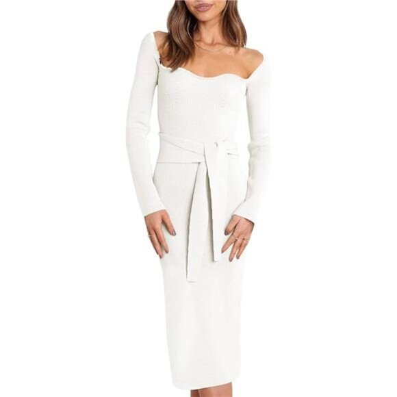 White Ribbed Knit Tie Front Bodycon Long Sleeve Belted Midi Sweater Dress - Picture 2 of 6